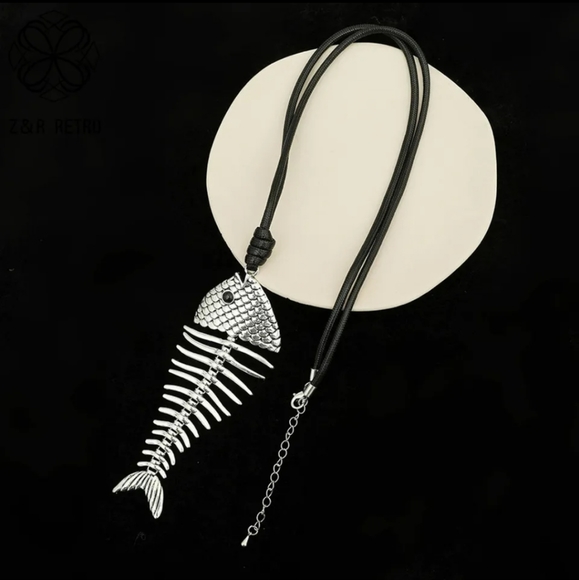 Fish necklace pendant MOVES gold BIG FISH BONES SKULL New chain available - Picture 8 of 9